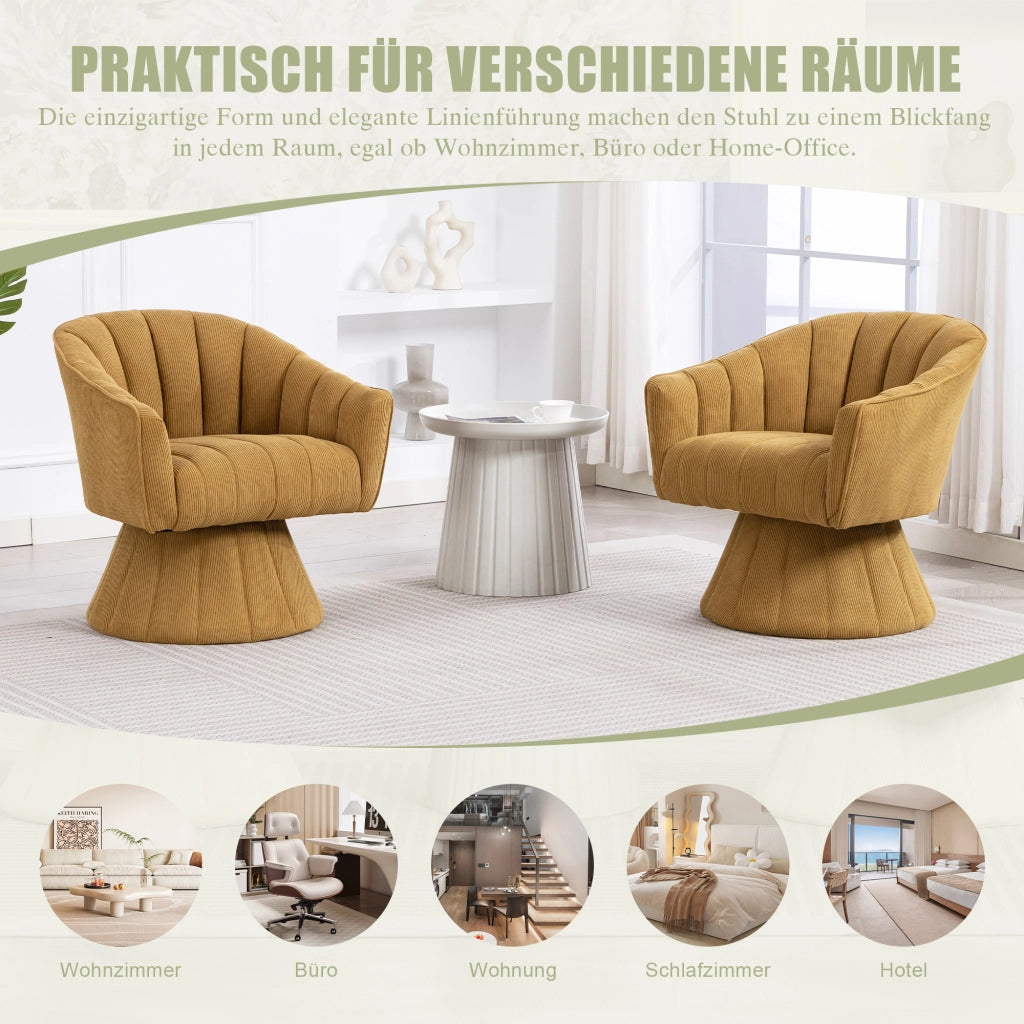 Sedia girevole 360° con seduta imbottita e braccioli avvolgenti in velluto a coste giallo senape 70 × 66 × 72 cm
