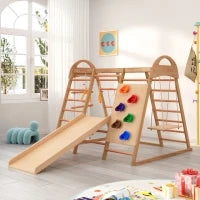 Struttura da arrampicata multifunzionale 7-in-1, altalena, scala da arrampicata, scivolo, rete, pietre da arrampicata, anelli, casetta tenda, 134×120×120 cm, Naturale