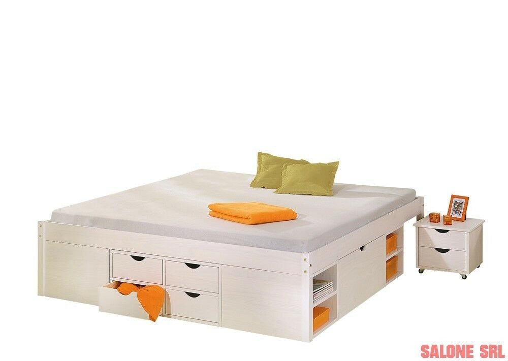 LETTO TILL + VANI CONTENITORE + COMODINO CON RUOTE 186x209x47,5H PINO MASSELLO VERNICIATO AD ACQUA BIANCO DOGHE INCLUSE