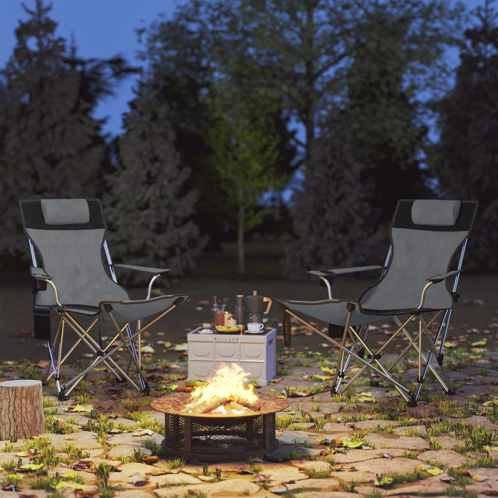 Set 2 Sedie da Campeggio 82x50-100x88 cm Pieghevoli con Poggiapiedi e Portabicchieri in Tessuto Oxford Grigio
