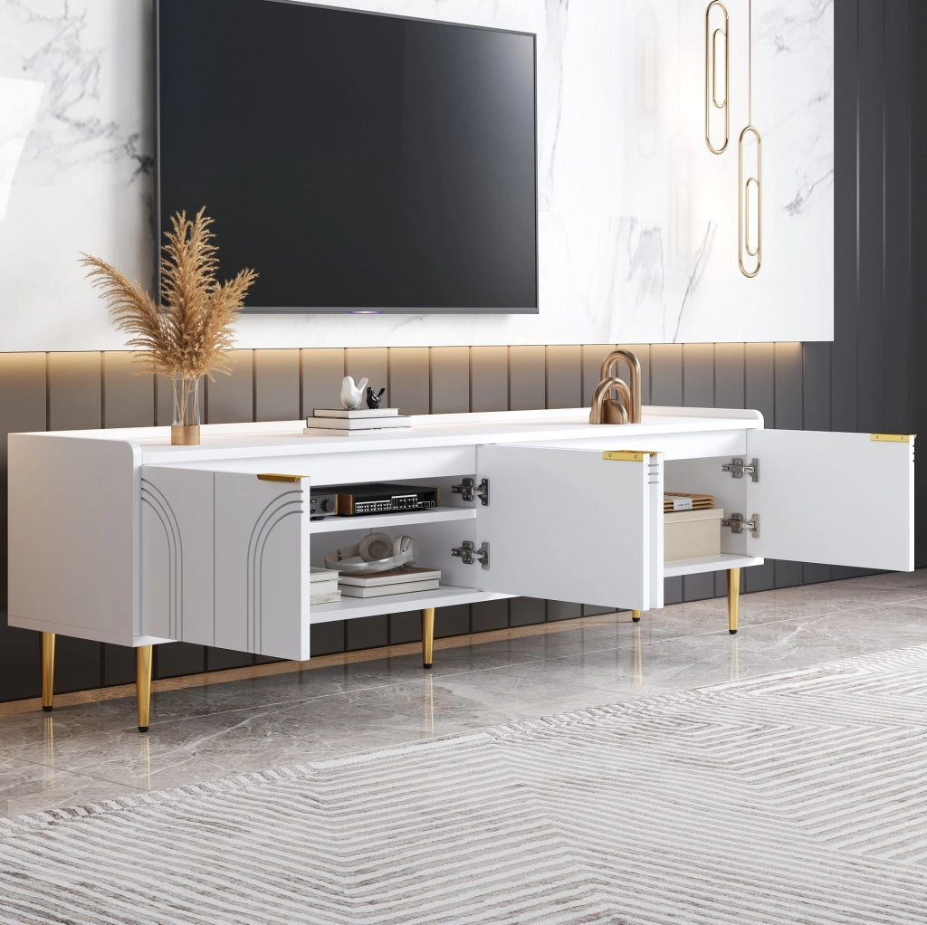 Mobile TV ULEVR 170x35x47,5 cm con ante scolpite 3D, vani interni e passacavi, bianco e oro