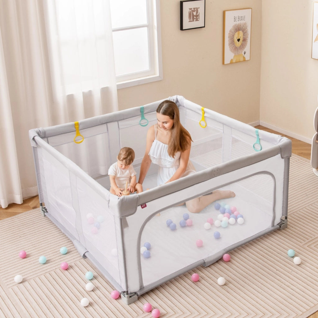Box per bambini 127 x 127 cm senza montaggio, Recinto pieghevole per bambini con cancello con cerniera Grigio-Cancelletti di sicurezza
