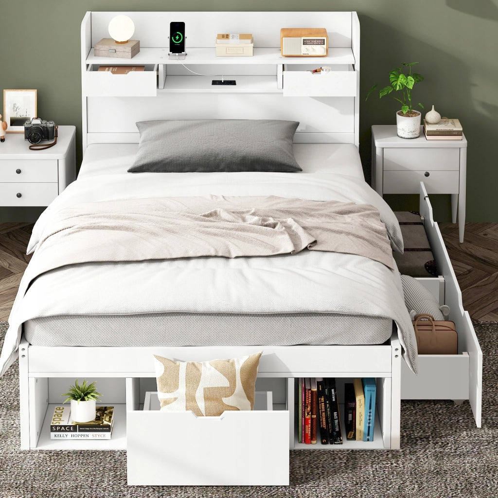 Letto singolo 90x200 - Xylo - USB, cassetti, armadio, bianco