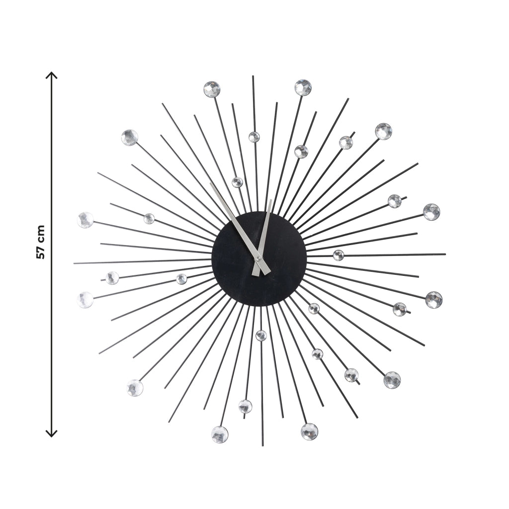 Orologio da Parete Decorativo Moderno 57 cm con Cristalli Brillanti e Struttura Radiale in Metallo Nero per Soggiorno Camera da Letto e Ingresso