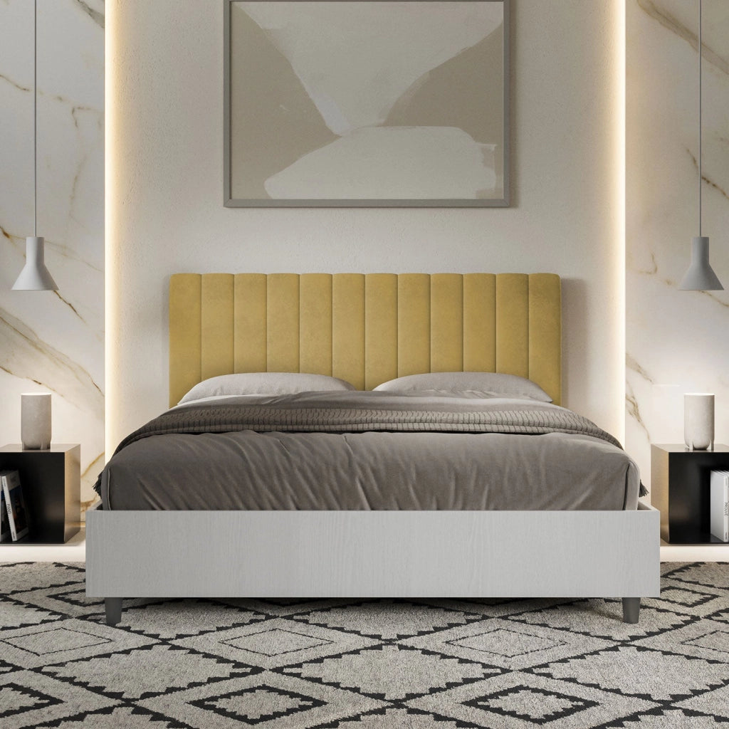 Letto matrimoniale senza rete 160x190 bianco frassino testata microfibra azzurro Kaia