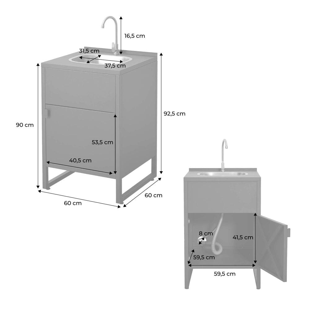 Cucina esterna in acciaio con lavello e 1 porta, 60cm, nero
