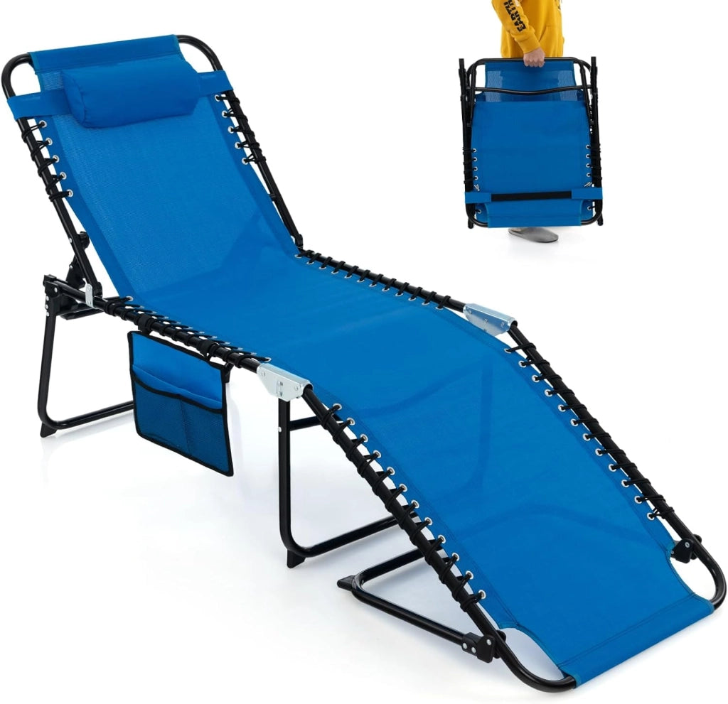 Lettino da Spiaggia Pieghevole Portatile, Sdraio da Mare con Schienale Regolabile 4 Posizioni, Tasca Laterale e Poggiatesta Staccabile, per Giardino e Campeggio, Portata 150 kg (Nero)