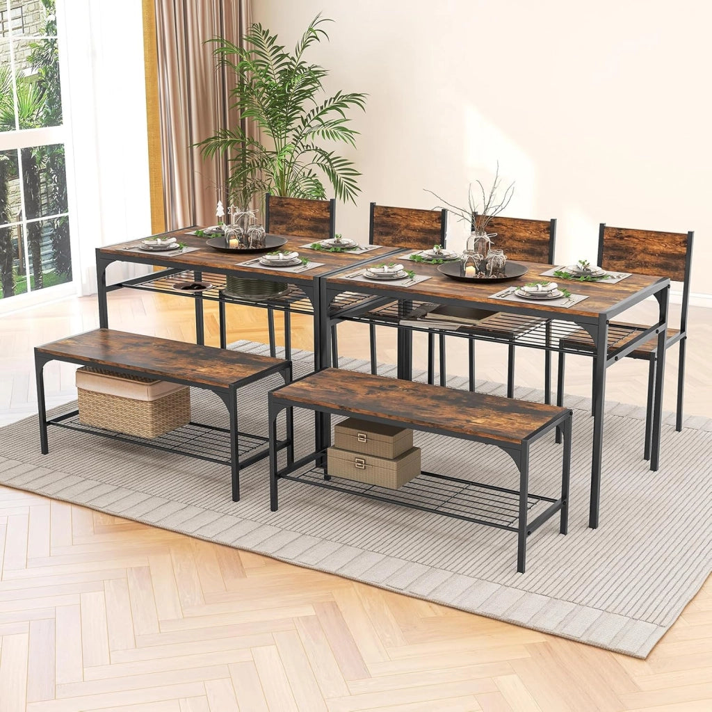 Set da Pranzo 4 Pezzi, Tavolo da Pranzo Industriale con 2 Sedie e Panca, Mobili da Cucina con Telaio in Metallo, Ripiano Portaoggetti(Marrone)