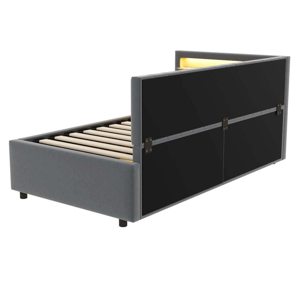 Divano letto imbottito 90x200 cm in velluto grigio con LED e contenitore idraulico