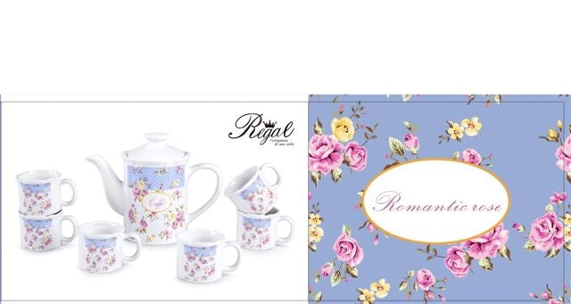 Set 7 Pezzi Tazze Caffe' Caffettiera in Ceramica Decoro Romantic Rose