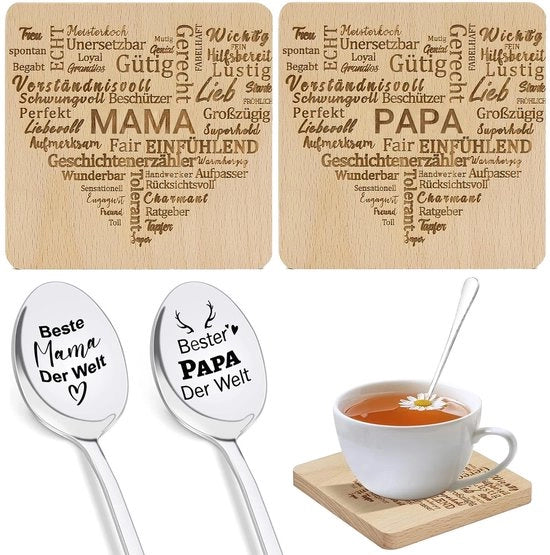 Regali per mamma e papà, cucchiaio da caffè con incisione, 2 sottopiani in legno, migliore nonno e nonna del mondo, per mamma e papà, Thanksgiving, Natale, Capodanno, regalo di compleanno
