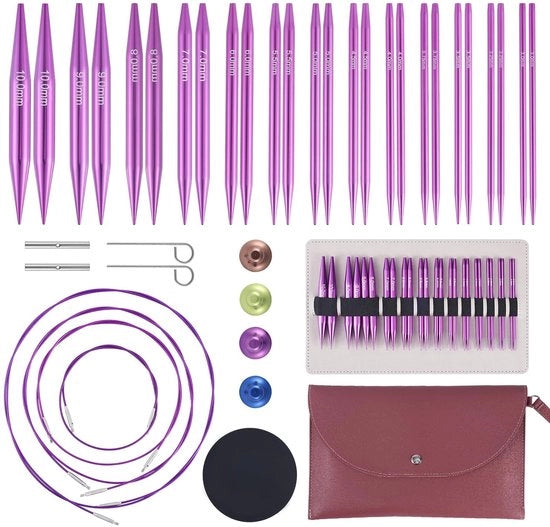 Set di aghi da cucire a forma rotonda 40 pezzi - Aghi da cucire intercambiabili in lega di alluminio - Cavi 40/60 cm - Borsa di stivaggio - Accessori per principianti/professionisti