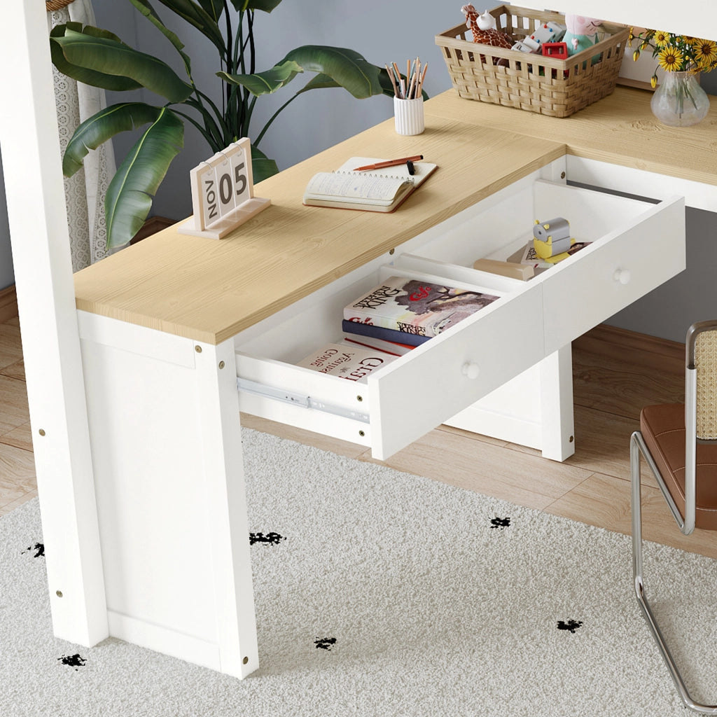LETTO A CASTELLO con tavolo a U 140x200 cm bianco/naturale in legno e MDF