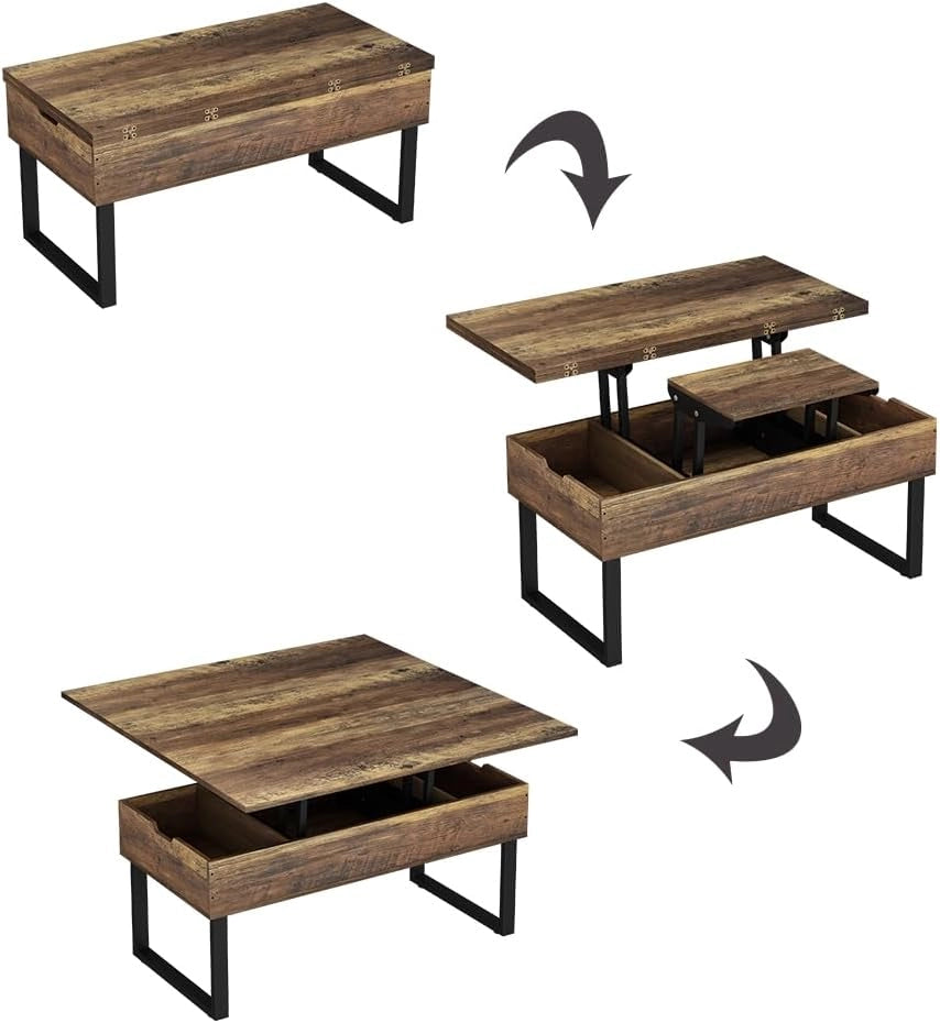 tavolino soggiorno Lifty, Rovere rustico, 100 x 50 cm con funzione di sollevamento, estendibile con piano regolabile in altezza e spazio contenitore