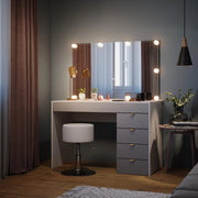 Tavolo da toeletta Elise, Bianco/grigio/grigio, 115 cm con illuminazione LED e sgabello, con illuminazione LED e sgabello girevole regolabile in altezza