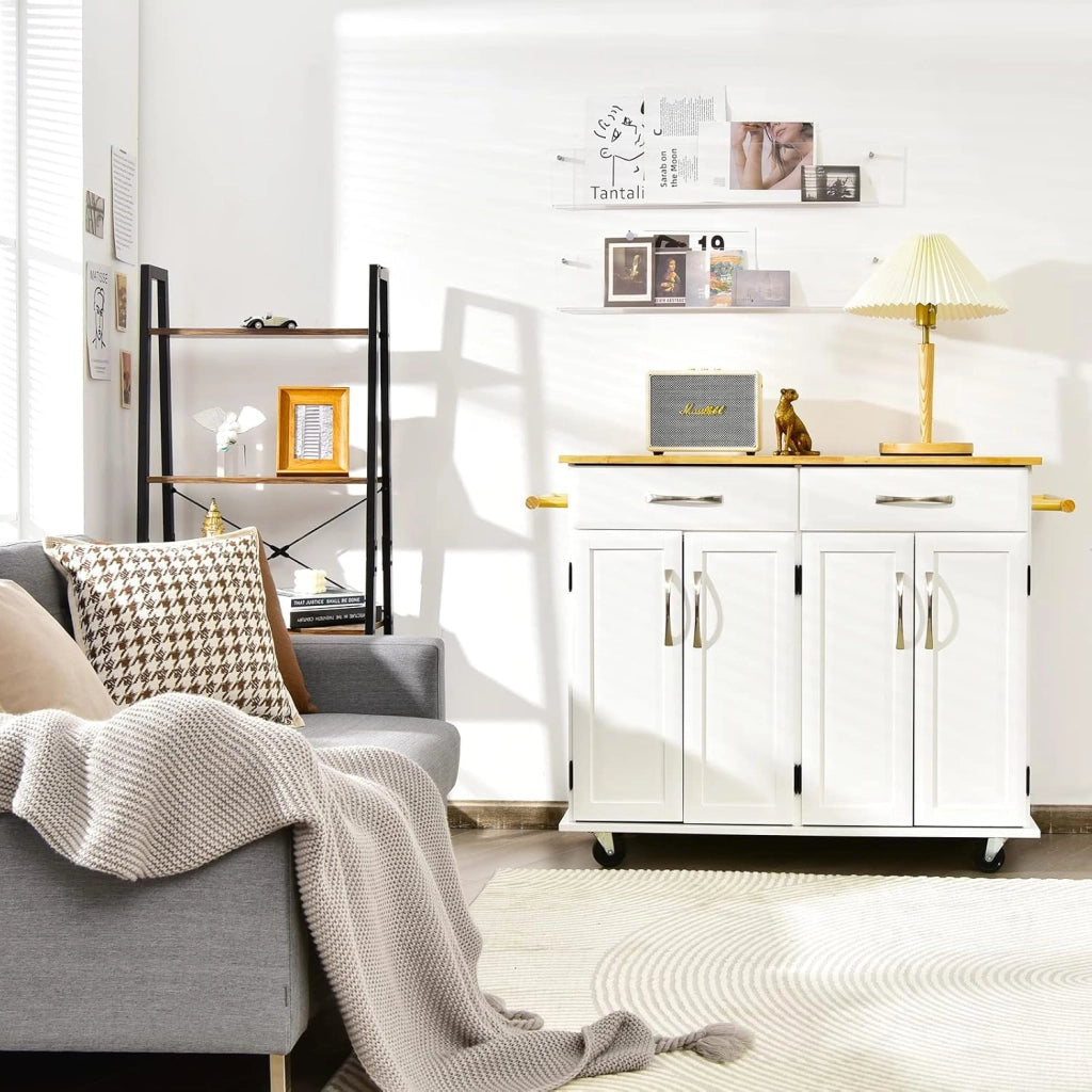 Carrello da cucina con piano di lavoro in legno di gomma con 2 armadi e ripiani regolabili, 2 cassetti grandi, portasciugamani laterali, armadio con ruote, 122 x 48 x 92,5 cm (bianco)