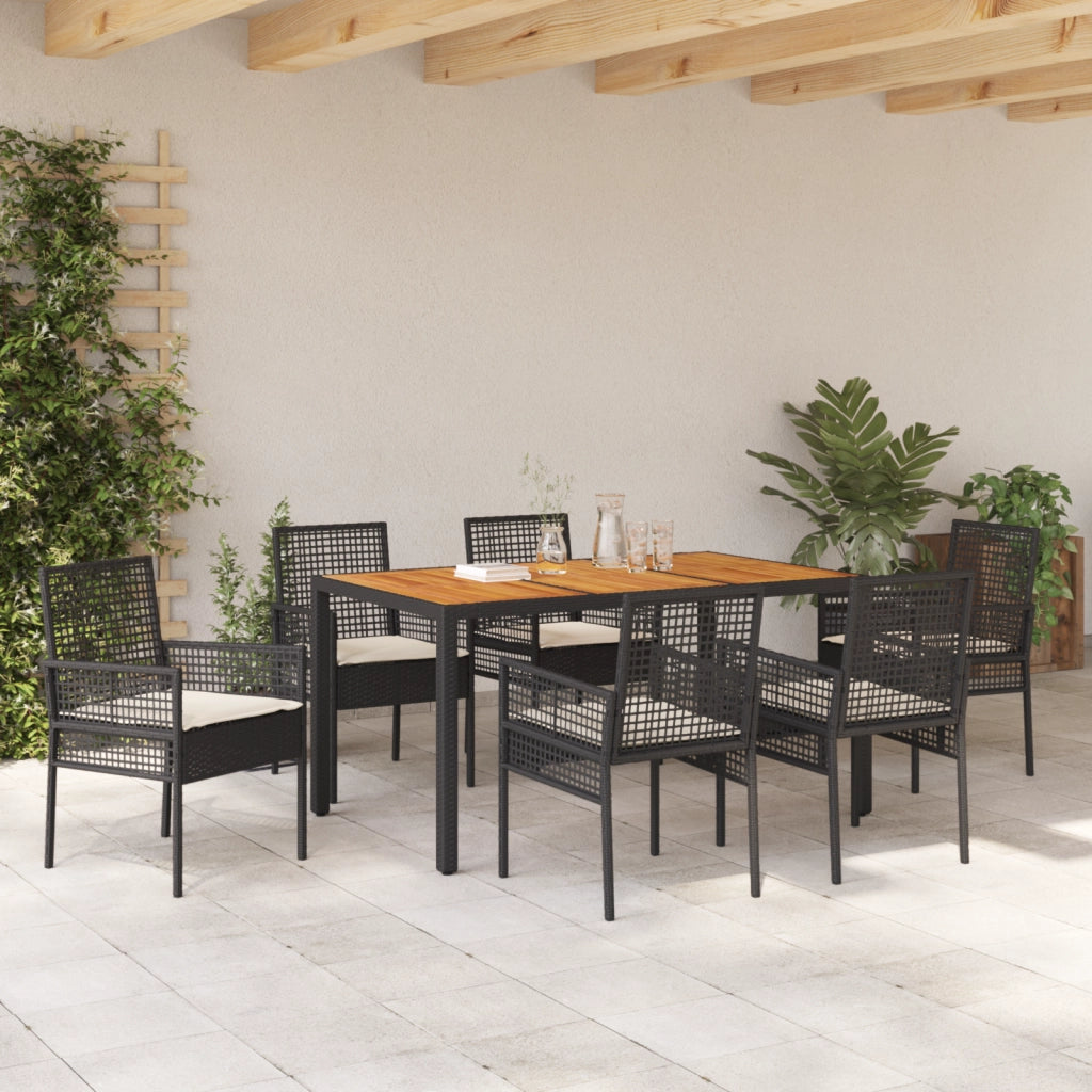 Set da pranzo da giardino 7 pezzi con cuscini neri in polyrattan