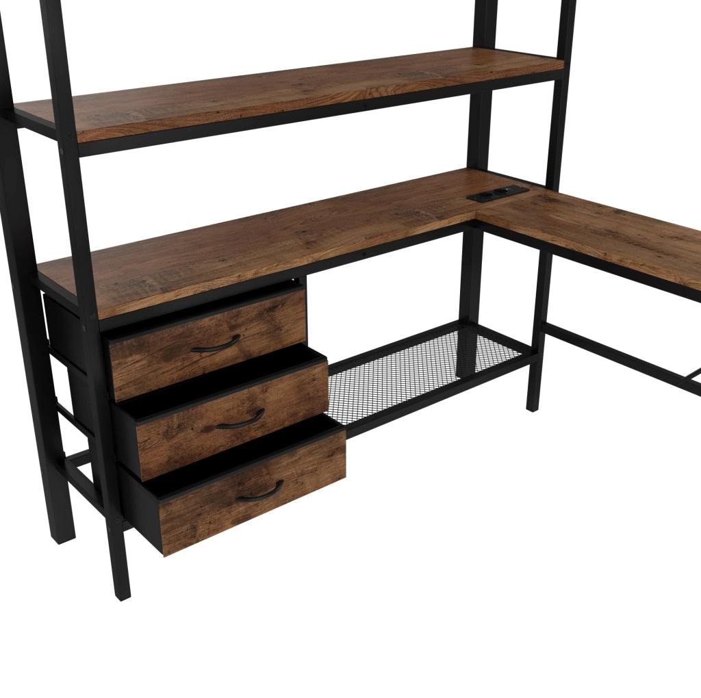 Letto a soppalco 140x200 cm nero con scrivania, USB, cassetti e luce ambiente