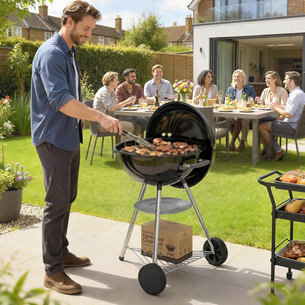 barbecue a carbone con griglia esterna rotonda. coperchio. termometro e ruote. Nero
