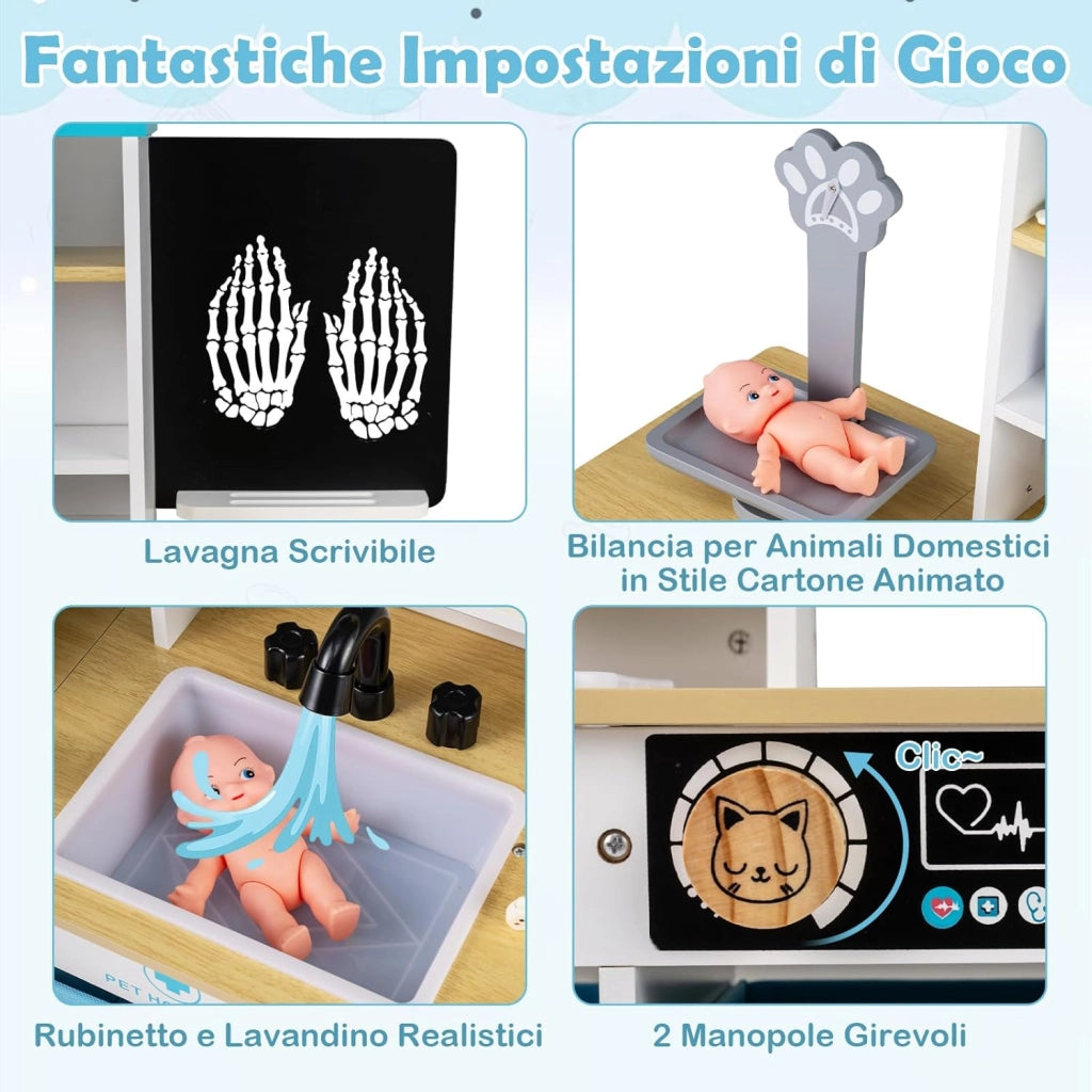Kit Medico Giocattolo in Legno, Centro Veterinario Pieghevole con Bilancia Animali e 22 Accessori, Gioco Educativo Simulazione Dottore, Regalo per Bambini 3-6 Anni (Bianco)