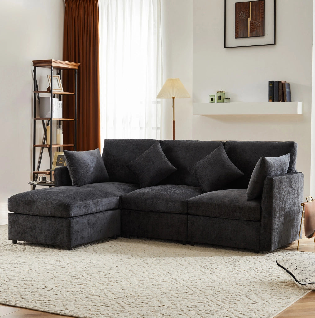 Divano angolare modulare 3 posti in ciniglia grigia con pouf mobile e 4 cuscini confortevoli
