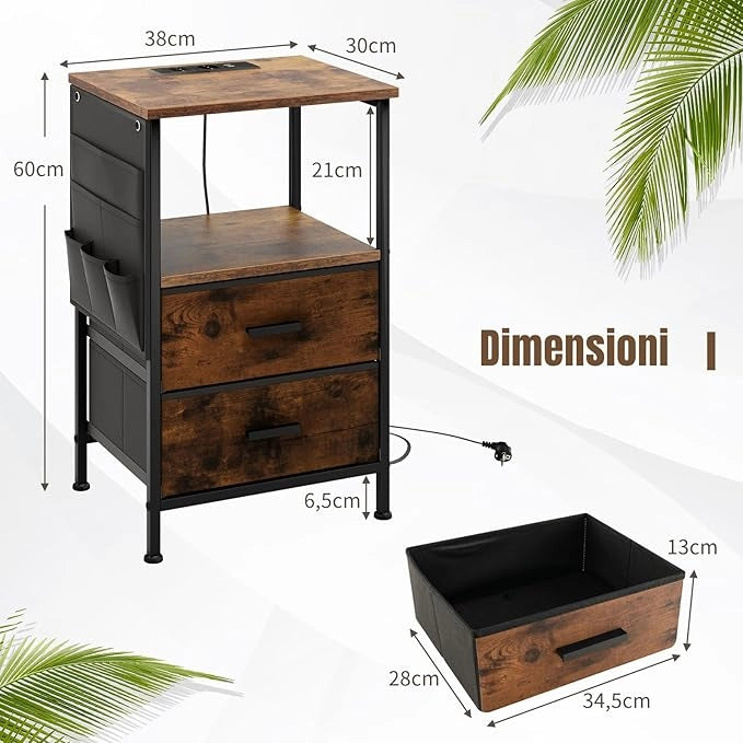 Tavolino con 2 Cassetti e 6 Tasche Laterali, Tavolino Versatile con Porte USB e Prese AC, Tavolino da Salotto e Camera da Letto, Marrone (38 x 30 x 60 cm, 2)