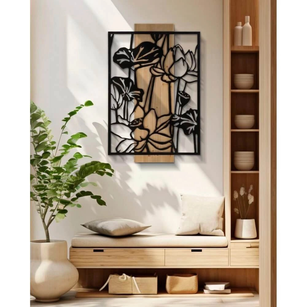 Decorazione Parete Fiore di Loto Ferro e Legno cm 60X2X90 - LOTUS