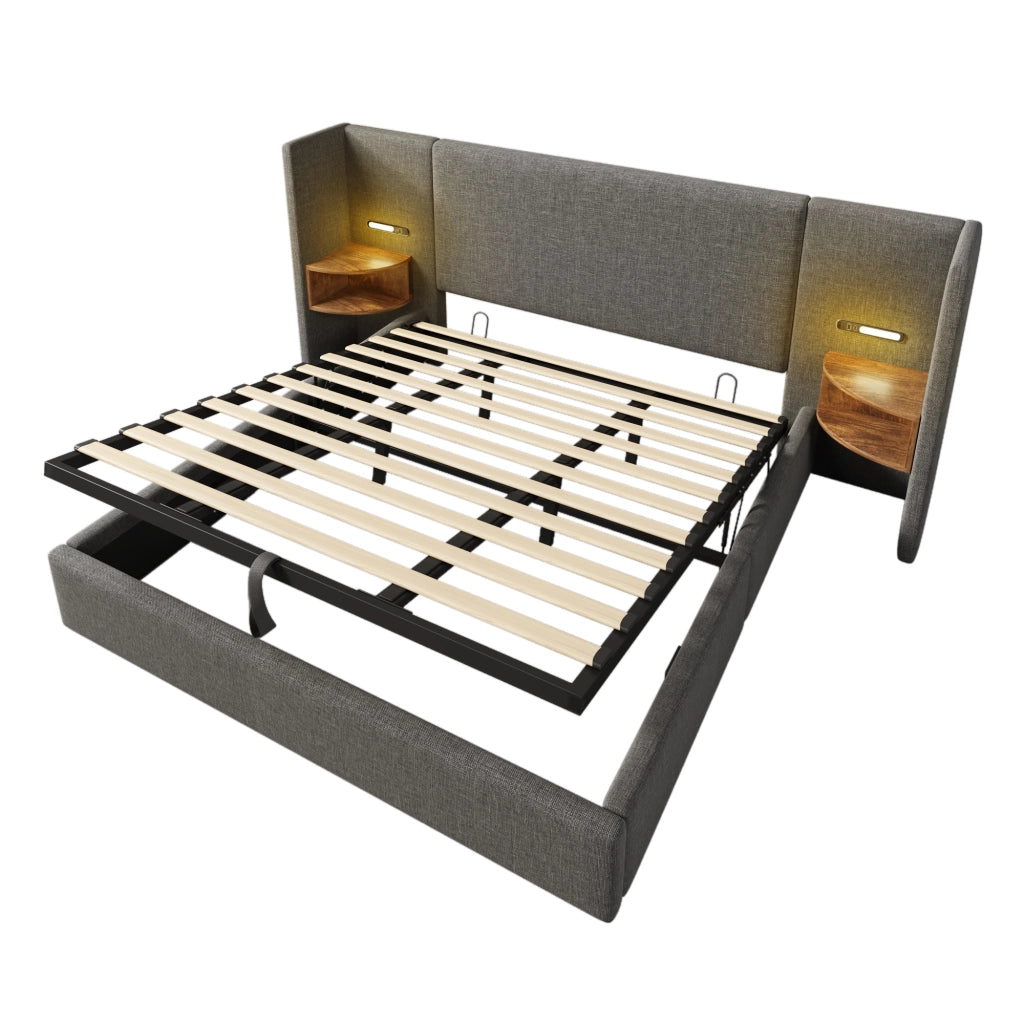 Letto matrimoniale 180x200 cm in lino grigio con testiera multifunzione, luce lettura, USB e Type-C