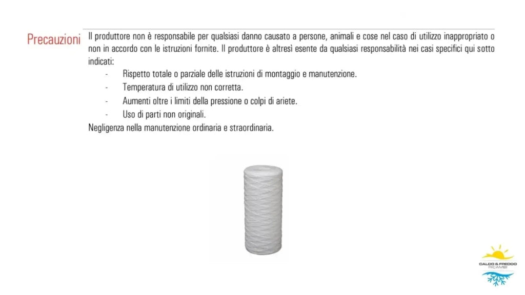 Cartuccia filtrante in Polipropilene filo Avvolto per filtro da 5" - filtrazione 20 Micron