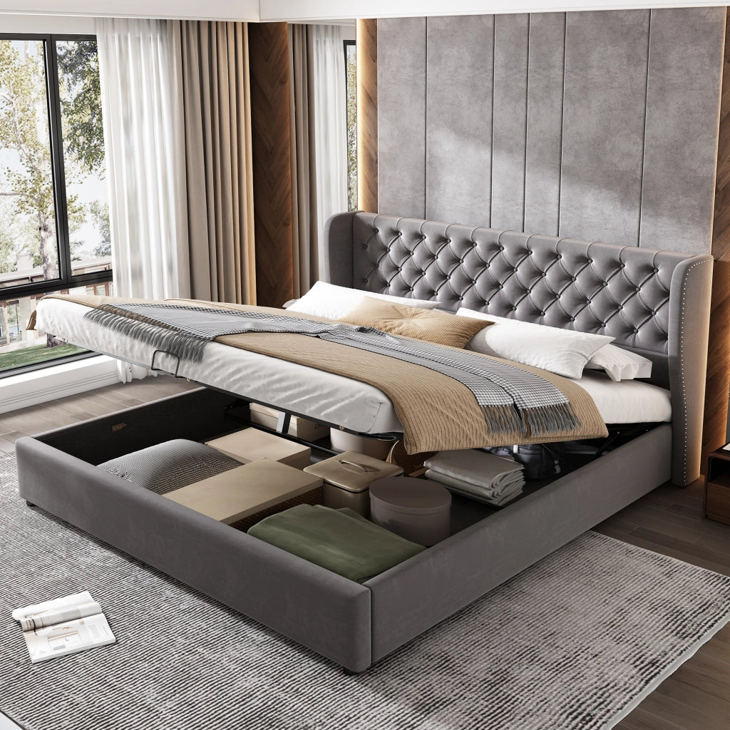 Letto Contenitore 180×200 cm; Letto Matrimoniale con Testiera Chesterfield Imbottita e Vano; senza Materasso; Velluto Grigio