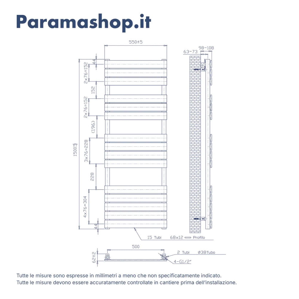Termoarredo idraulico 1550x550 bianco opaco interasse 500 | Andromeda