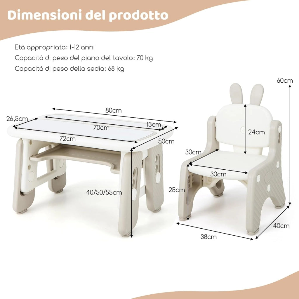 Set Tavolo e Sedia per Bambini, Tavolo e Sedia per Bambini con Mensola Ribaltabile, Lavagna Magnetica Cancellabile, Altezza Regolabile, per Camera da Letto, Sala, Giochi per Bambini