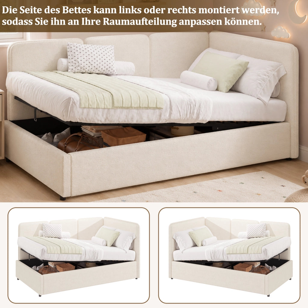 Letto per bambini 90 × 200 cm con contenitore idraulico, senza materasso, in bouclé, beige