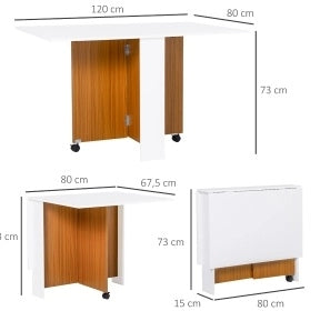 Tavolo pieghevole 120x80x73 cm con piano ribaltabile e ruote in multistrato bianco