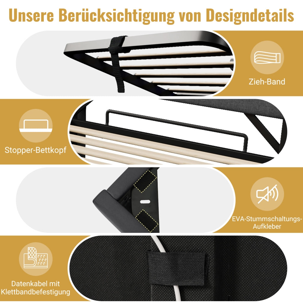 Letto in lino beige 140x190 testiera contenitore USB/Type-C LED 360° vano idraulico