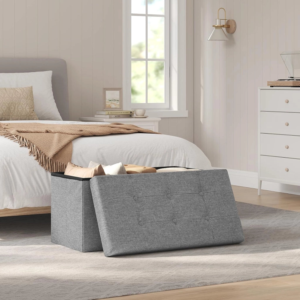 Cassapanca con Coperchio Rimovibile Pouf Contenitore Panche Sgabello Pieghevole Poggiapiedi Lino Oxford Grigio Chiaro