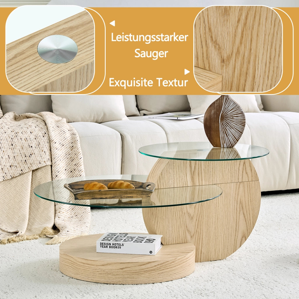 Tavolino basso a due livelli in vetro temperato e MDF effetto legno chiaro trasparente 78.5 × 78.5 × 24.5 cm