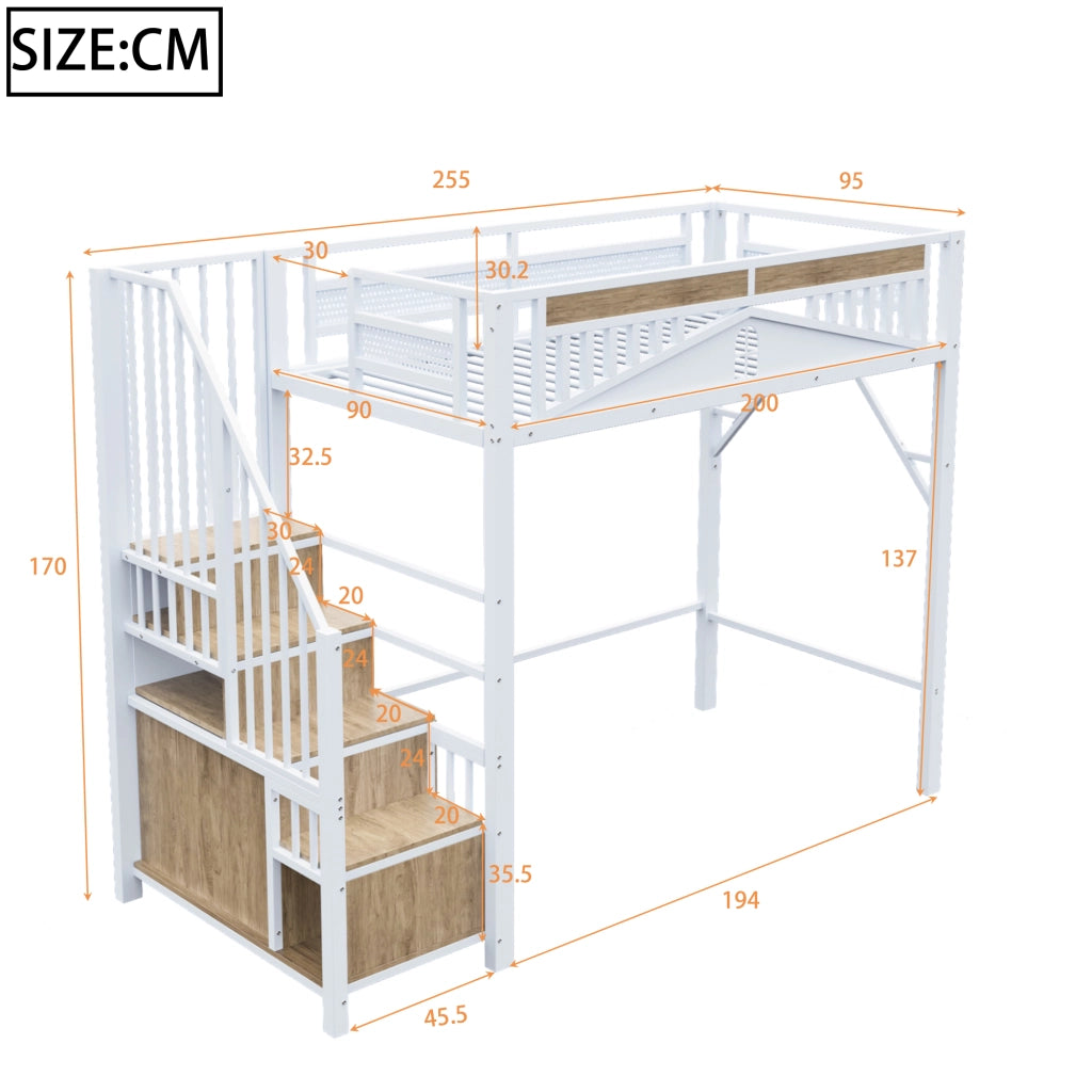 Letto a castello metallo e legno bianco con funzione contenitore 90x200 cm