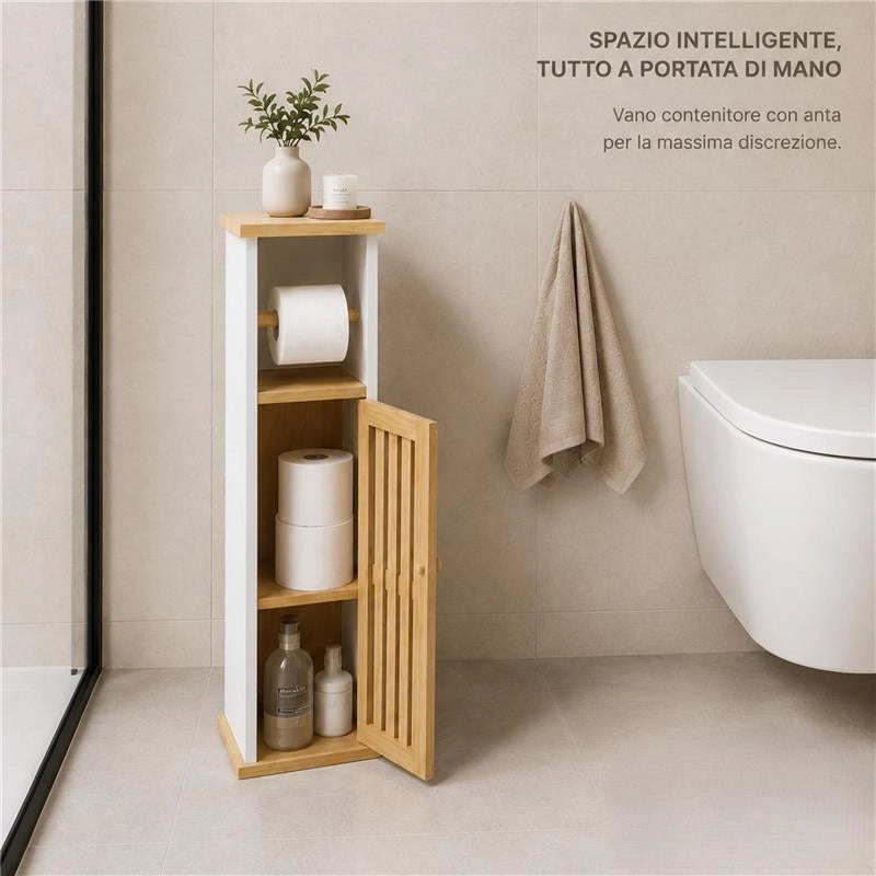 MOBILE PORTA ROTOLO IN LEGNO BIANCO CON ANTA IN BAMBOO DIMENSIONI 18X18X75 CM
