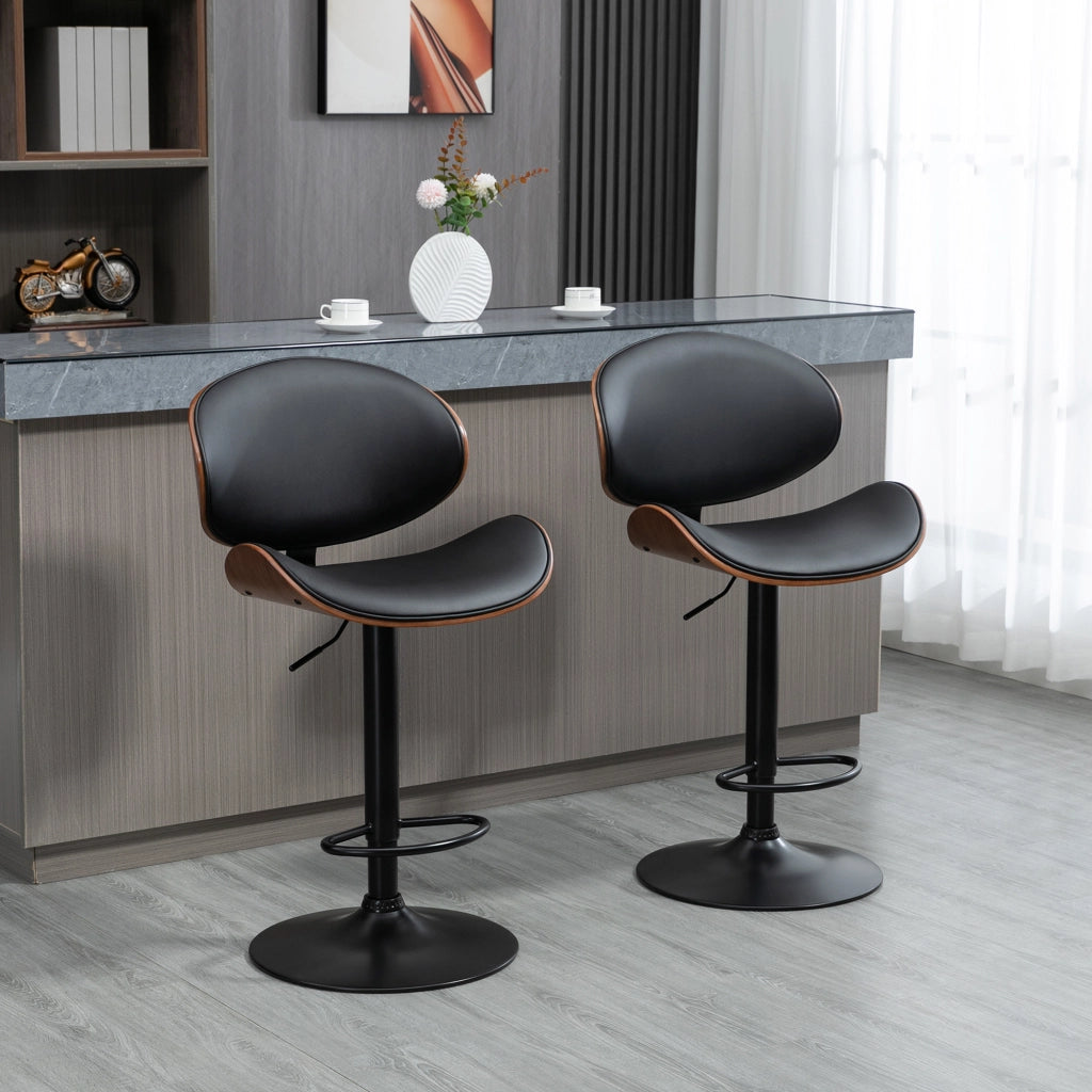 Set 2 Sgabelli da Bar con Schienale 53x52x92-112 cm in Legno e Finta Pelle Nero