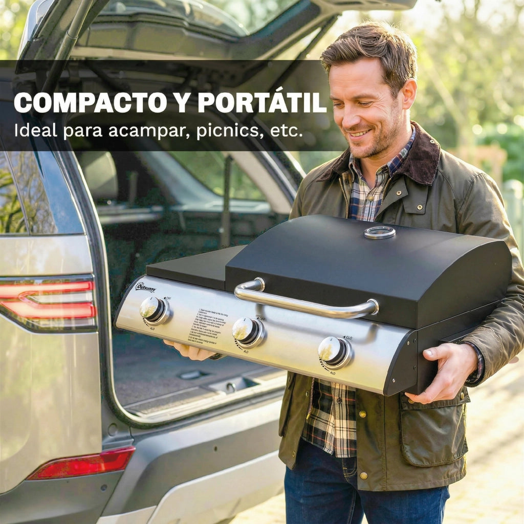 Barbecue a Gas con 3 Bruciatori 7,5 kW ¨C zephmum ¨C Griglia Piana, Ripiano Laterale, Nero