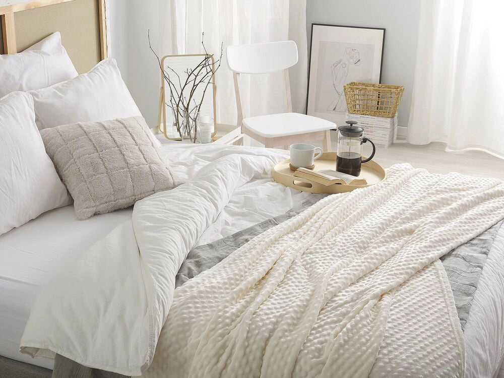 Coperta Crema Copriletto 150 x 200 con nappe Texture Popcorn Morbido Copriletto
