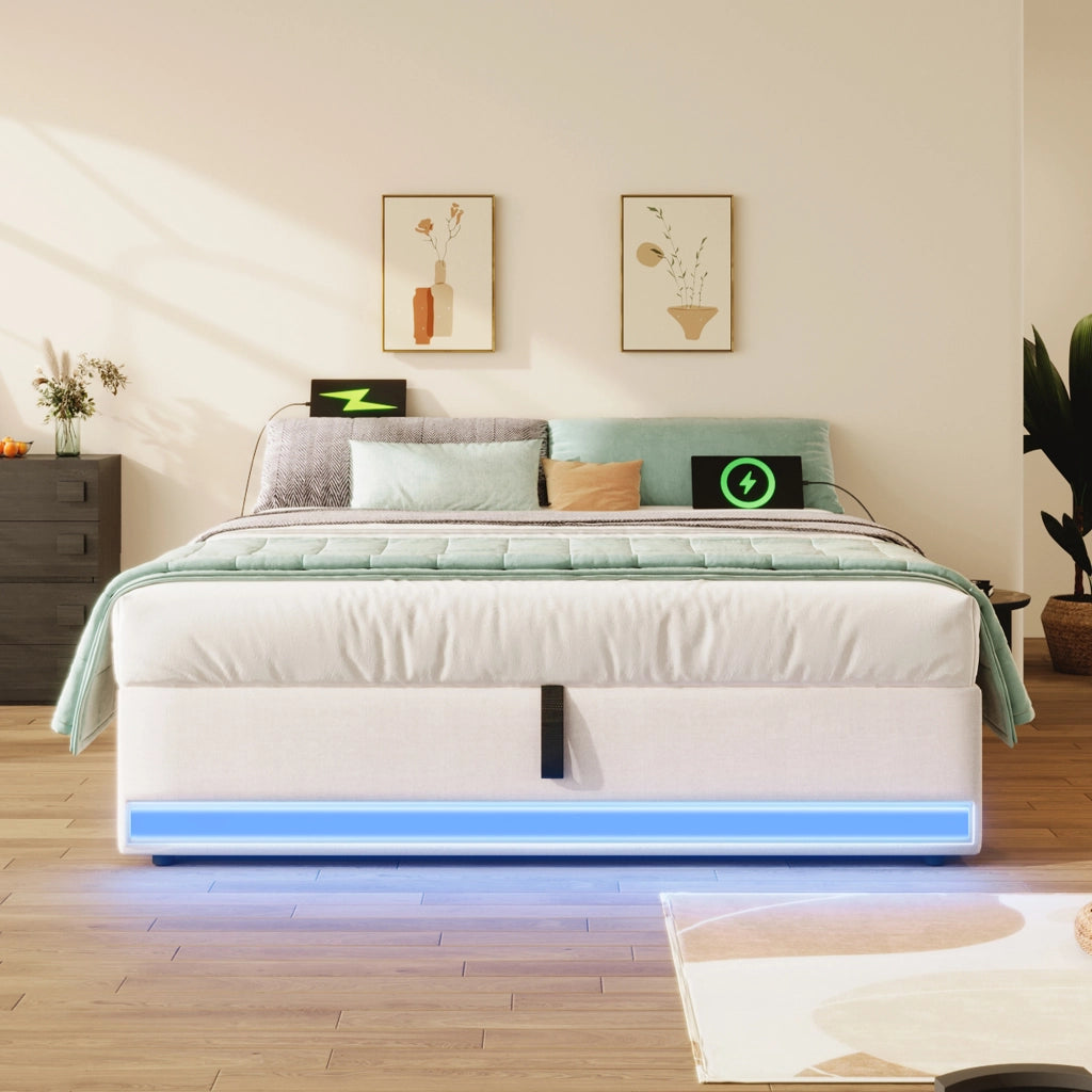 Letto Contenitore 140x200 cm con LED; USB; Type-C e Tasche Laterali in Lino Beige