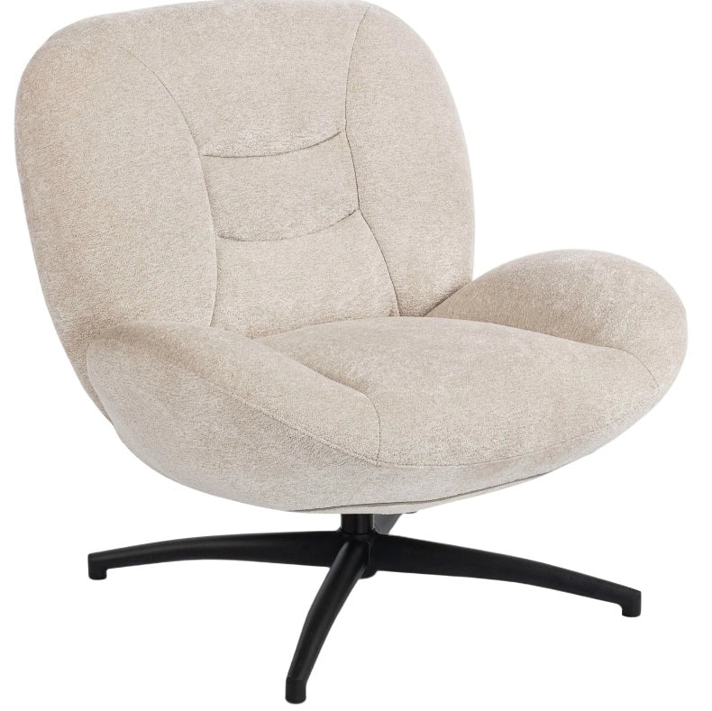 Poltrona girevole in ciniglia color crema con base in acciaio