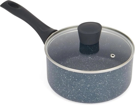 Padella a Cottura Nota con Coperchio - Piccola Padella 18 cm - Adatta a Tutti i Fornelli, Compresi Quelli a Induzione - Doppia Stratificazione - Facile Pulizia - Maniglia in Bakelite morbido - Aluminium in Marmo Blu Pressato