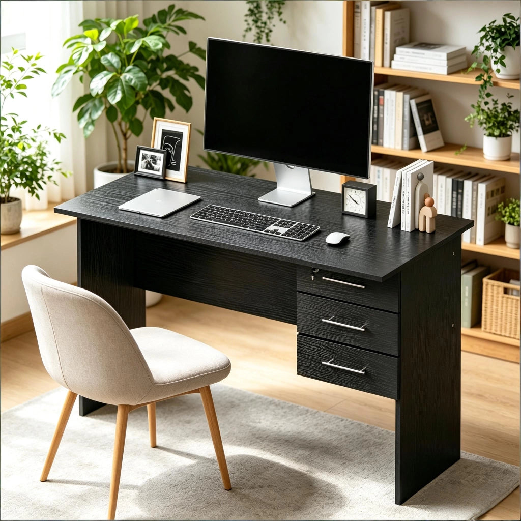 Scrivania lineare con 3 cassetti, serratura e guide silenziose, per ufficio e studio, in legno nero, 120 × 60 × 75 cm