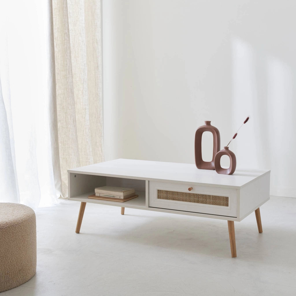 Tavolino scandinavo in vimini, 1 cassetto, bianco sporco