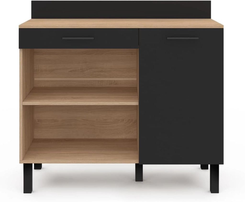 Credenza bassa 100 CM CINA piano di lavoro H.83 cm 1 anta + 1 cassetto finitura faggio e nero