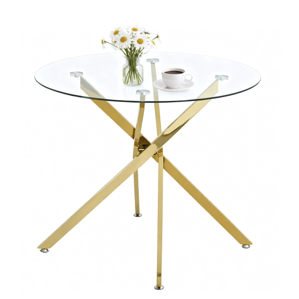 Tavolo da pranzo rotondo con piano in vetro temperato, base in metallo dorato, per 2-4 persone, 80 × 80 × 76 cm