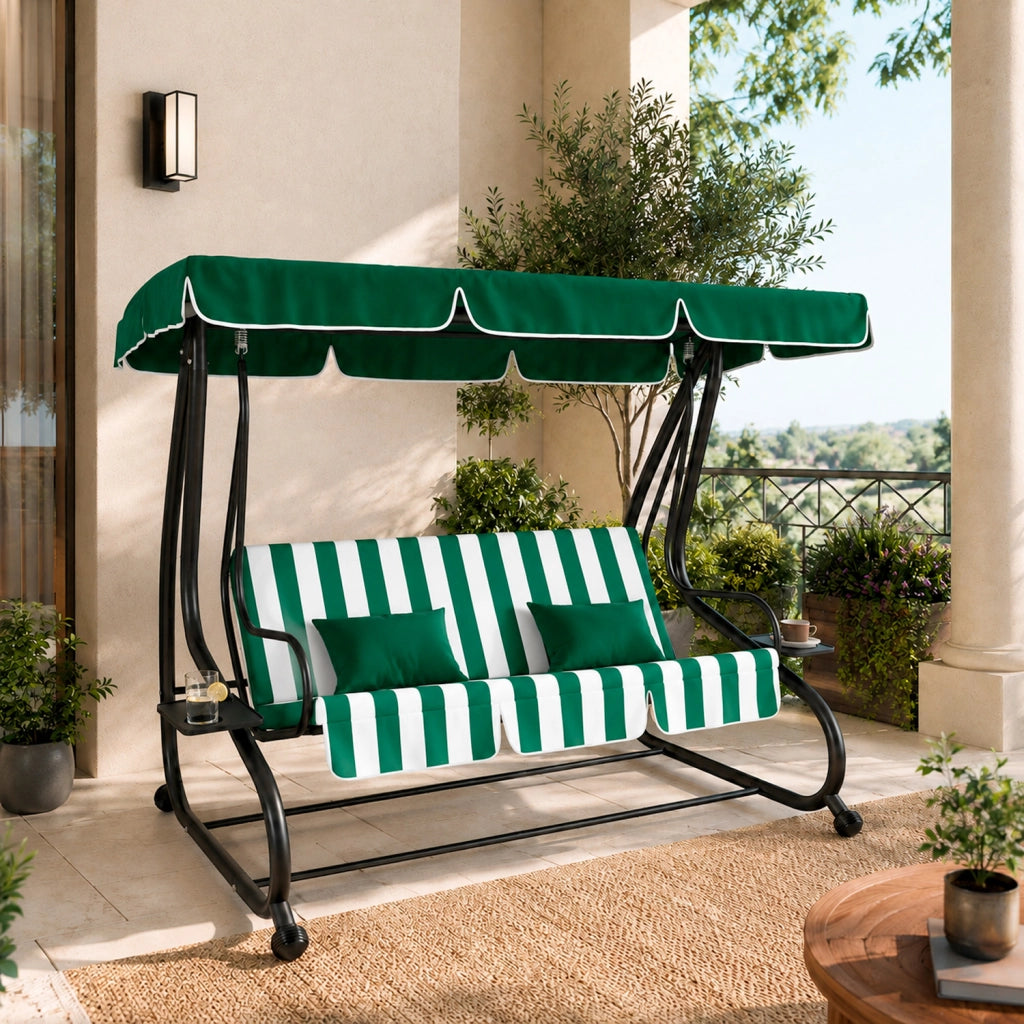 Dondolo Da Giardino 3 Posti Schienale Regolabile Tetto Ombreggiante Cuscinatura Comfort Imbottita Convertibile In Letto Per Esterno Balcone Patio 200 x 120 x 160 Cm Verde E Bianco
